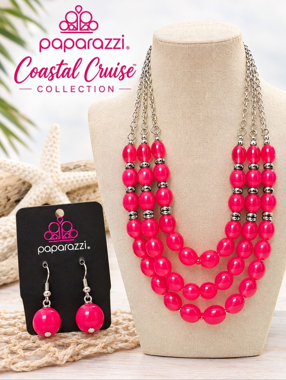 Paparazzi 'Coastal Cruise' Dark Pink Acrylic Bead Jewelry Set In Silver Tone - Picture 1 of 5